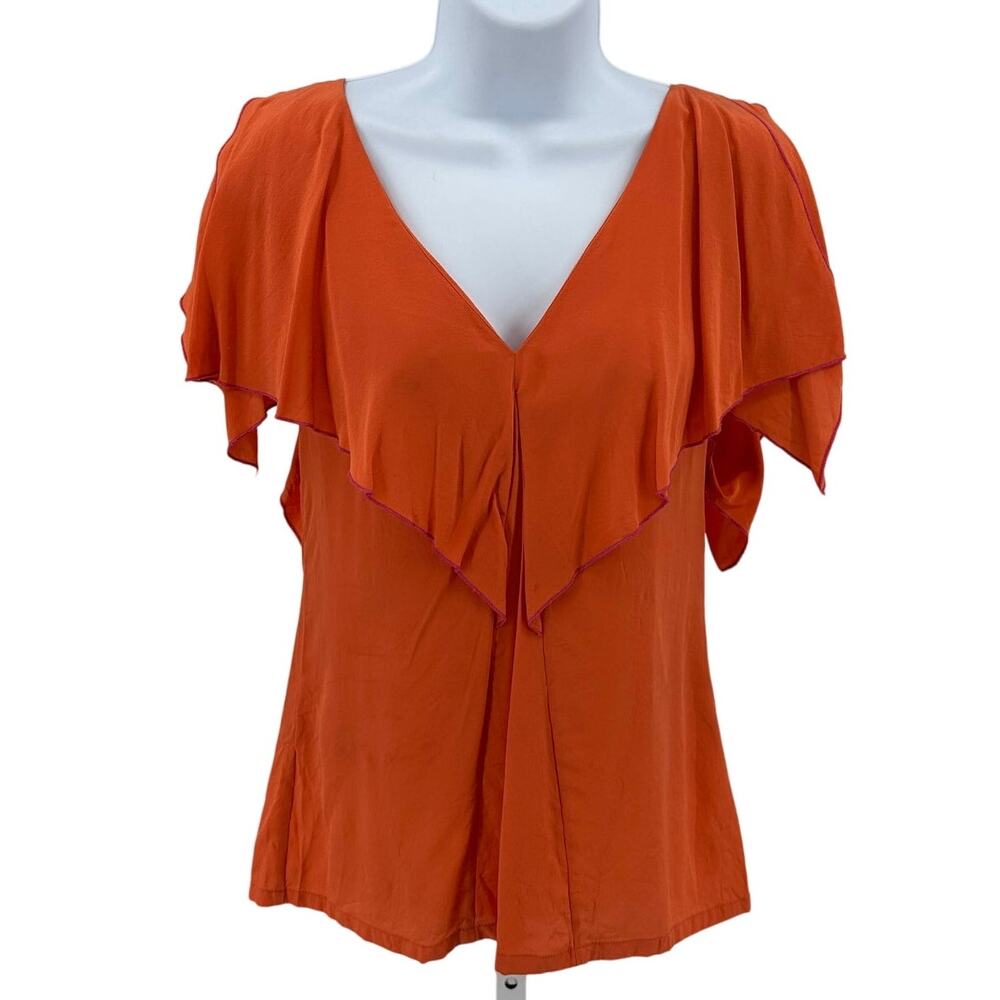 BCBG MAXAZRIA Silk Blouse WMNS XS Orange V-Neck Split Flutter Sleeve Lightweight